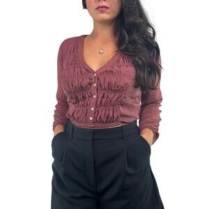 Abercrombie & Fitch Mauve Cropped Button Front Ruched Blouse